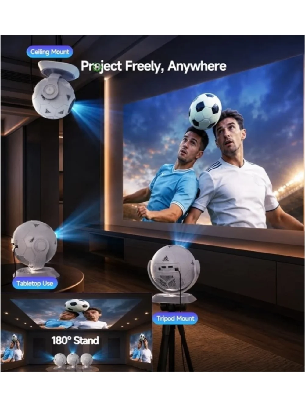 2026 Football-Themed Mini Projector Portable Projector with WiFi and Bluetooth